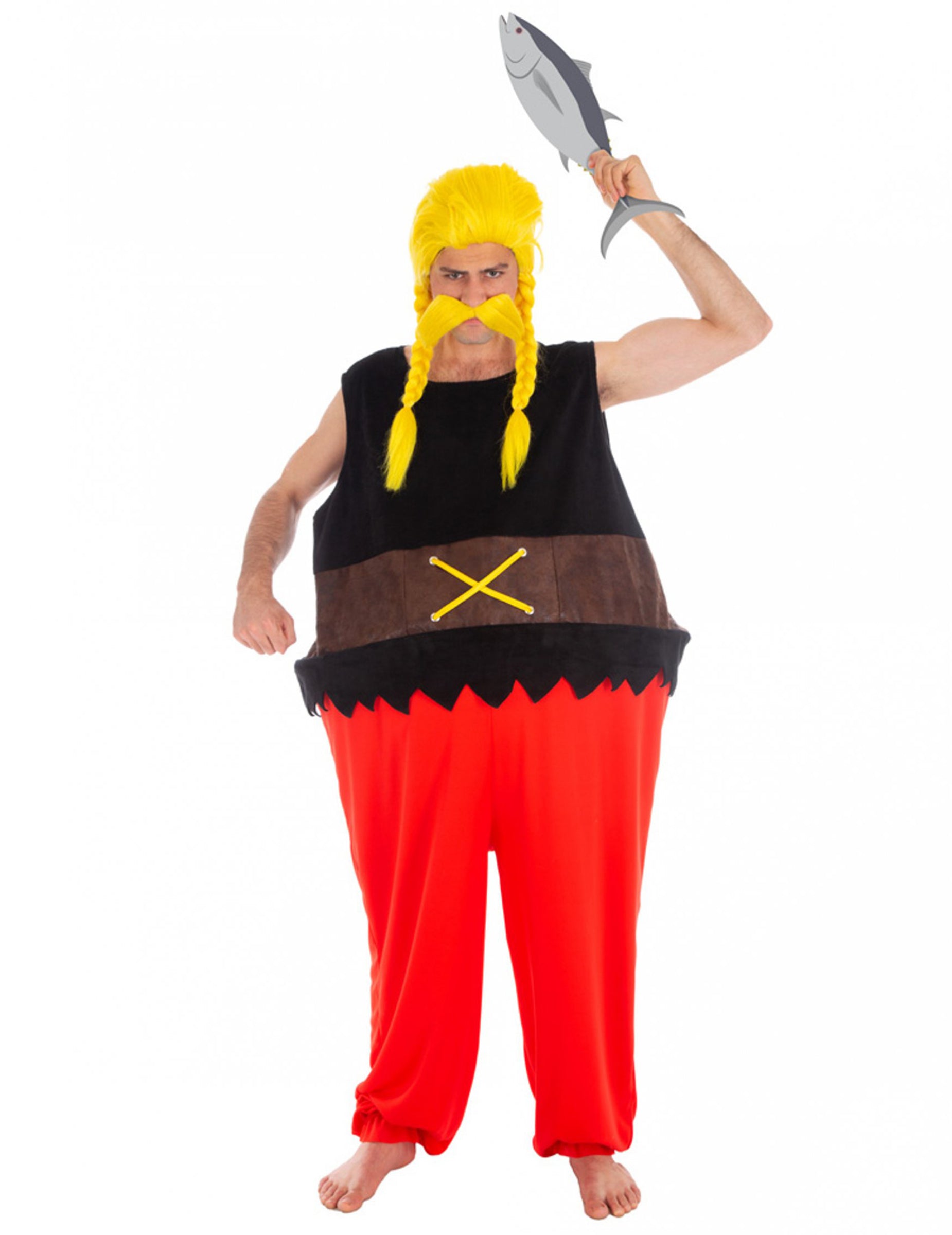 Déguisement Ordralphabétix Astérix et Obélix™ pour adulte noir et rouge avec perruque blonde et poisson
