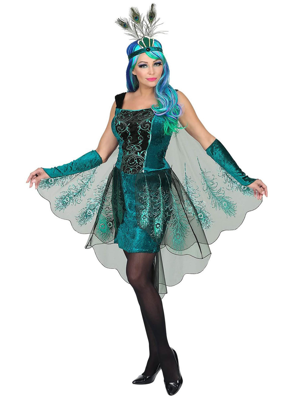 Disfraz de pavo real majestuoso para mujer verde y azul con plumas y diadema