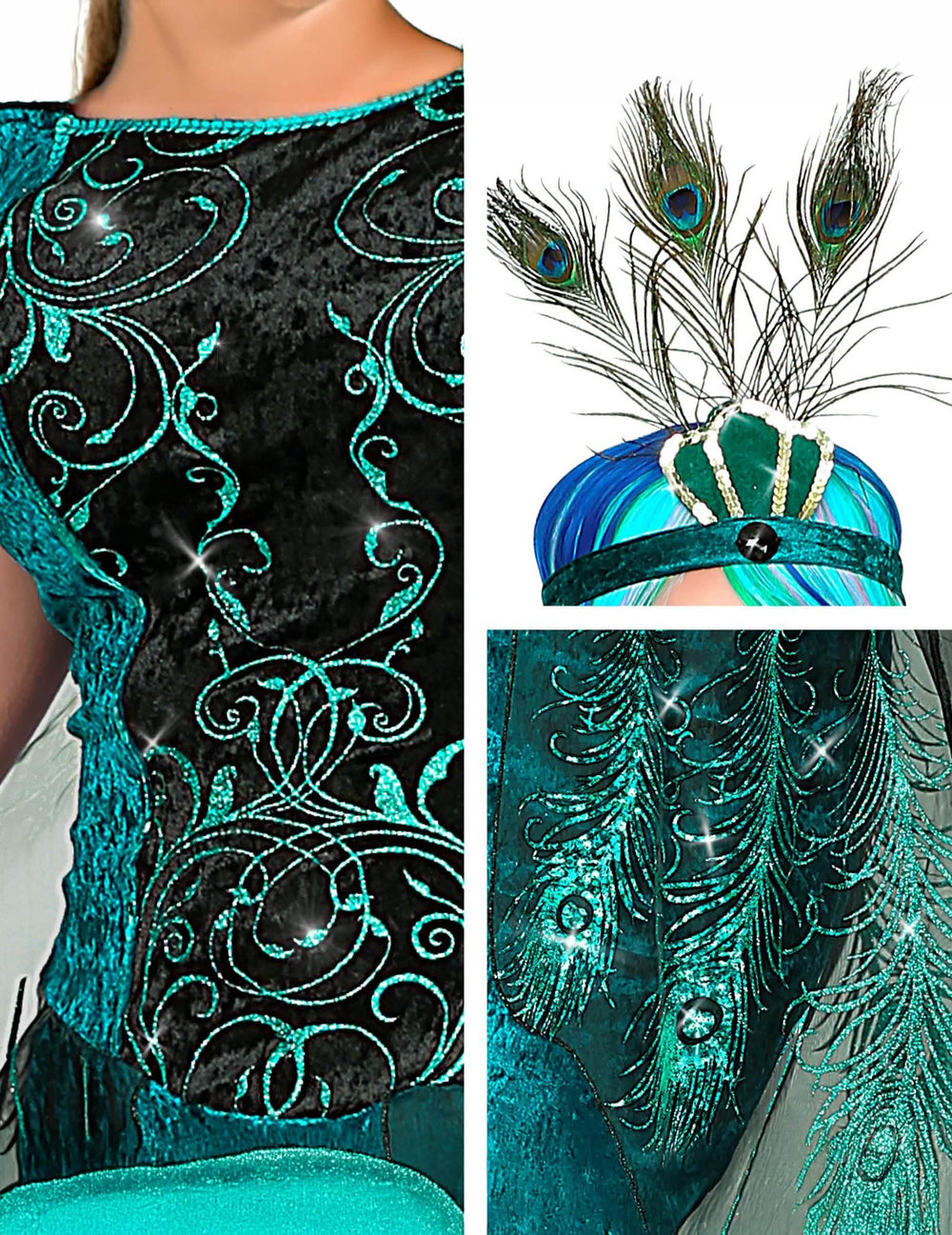 Detalles de los motivos con purpurina y de la diadema con plumas del disfraz de pavo real majestuoso
