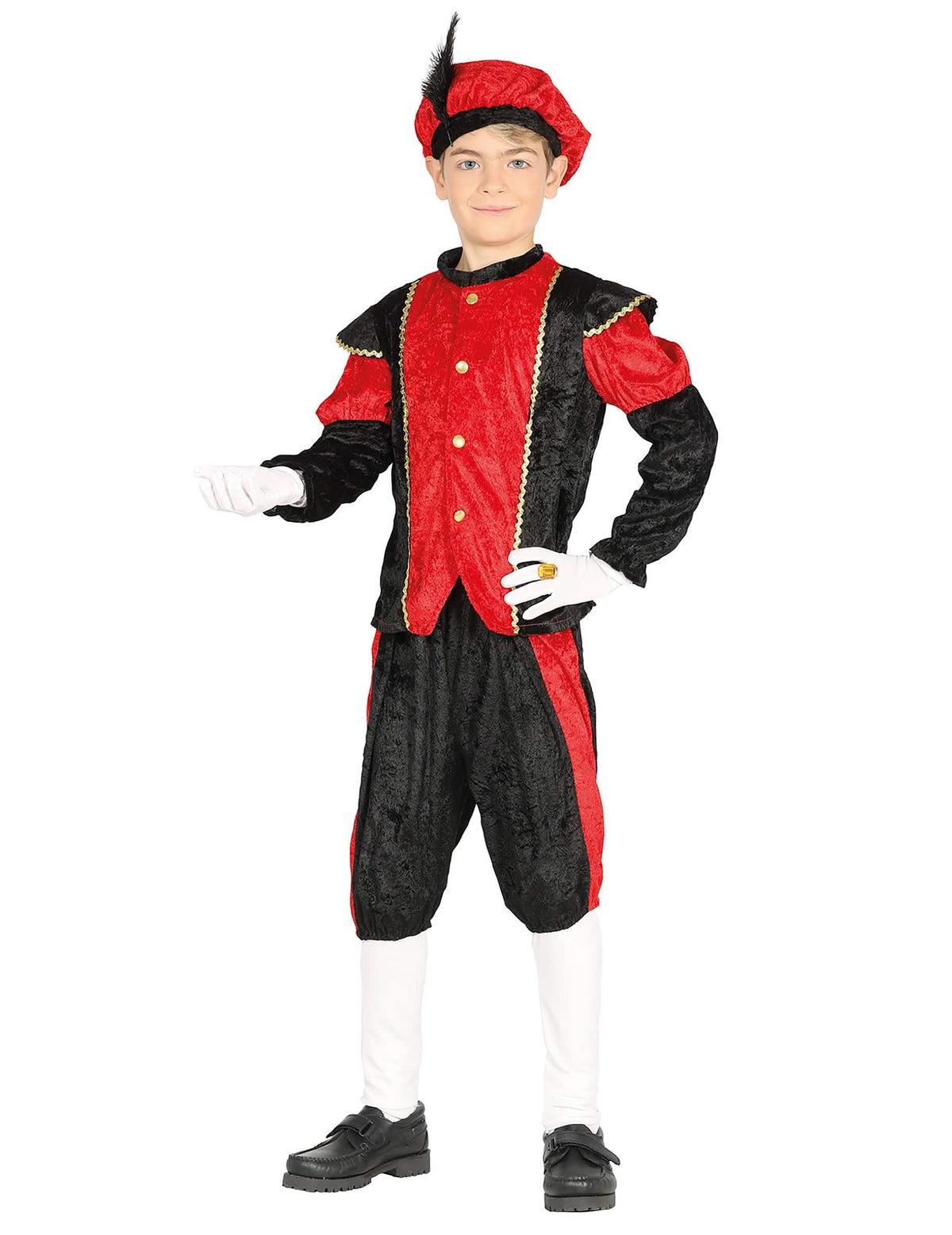 Déguisement de père fouettard pour enfant rouge et noir avec chapeau à plume