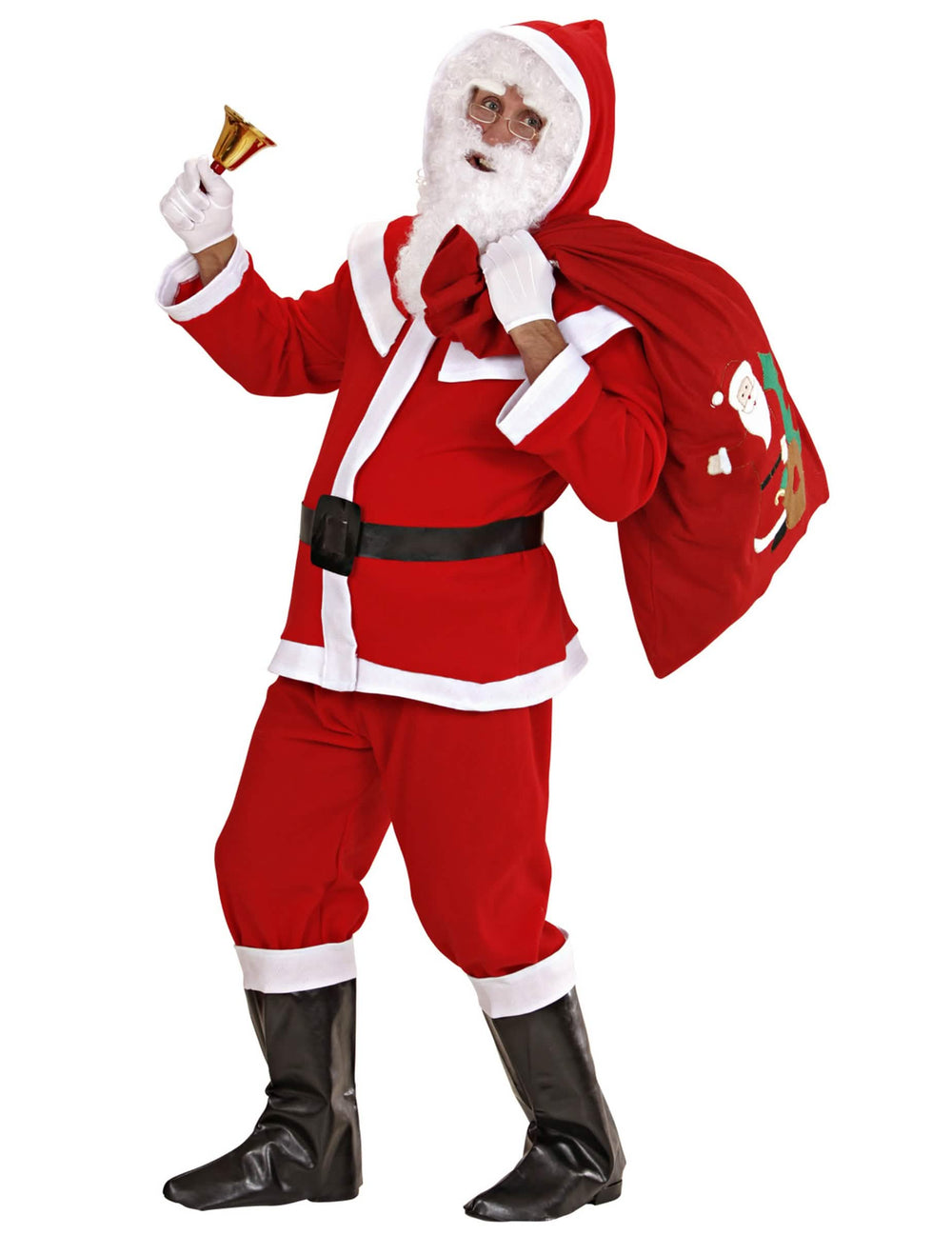 Vista de perfil con accesorios del disfraz de papá noel para hombre