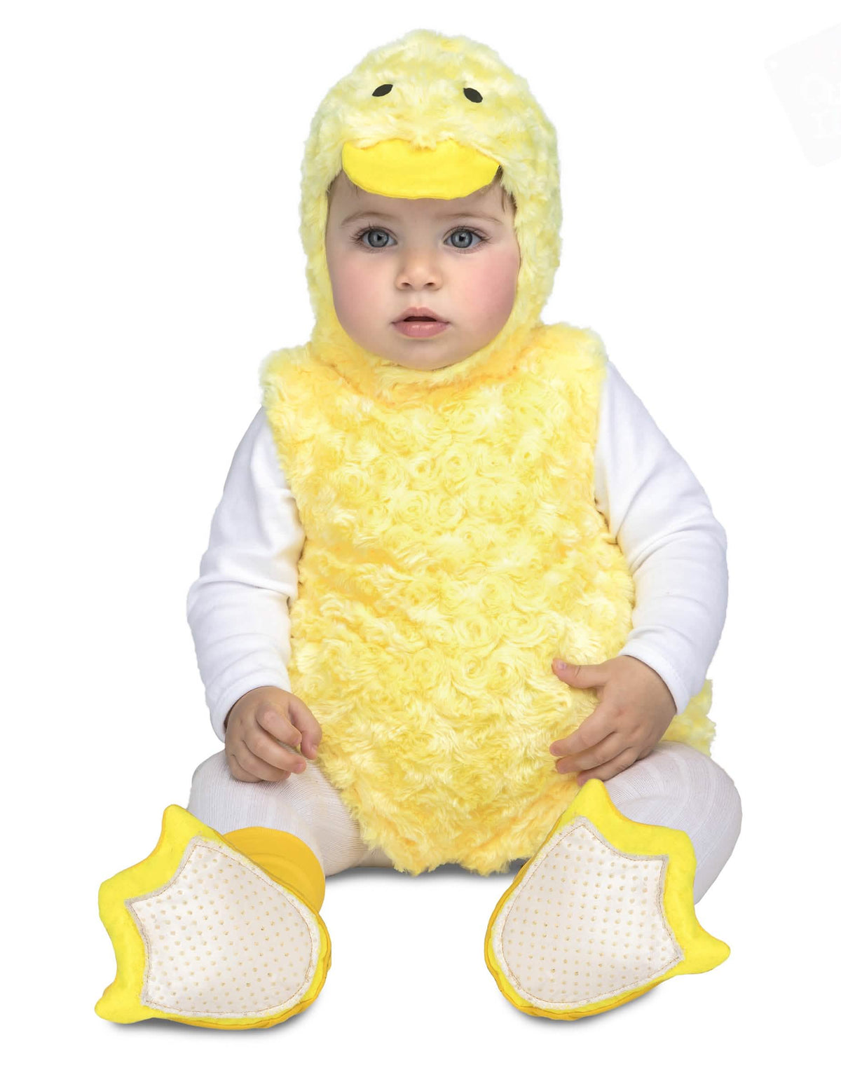Disfraz de pequeño pato de peluche para bebé amarillo con patucos palmeados