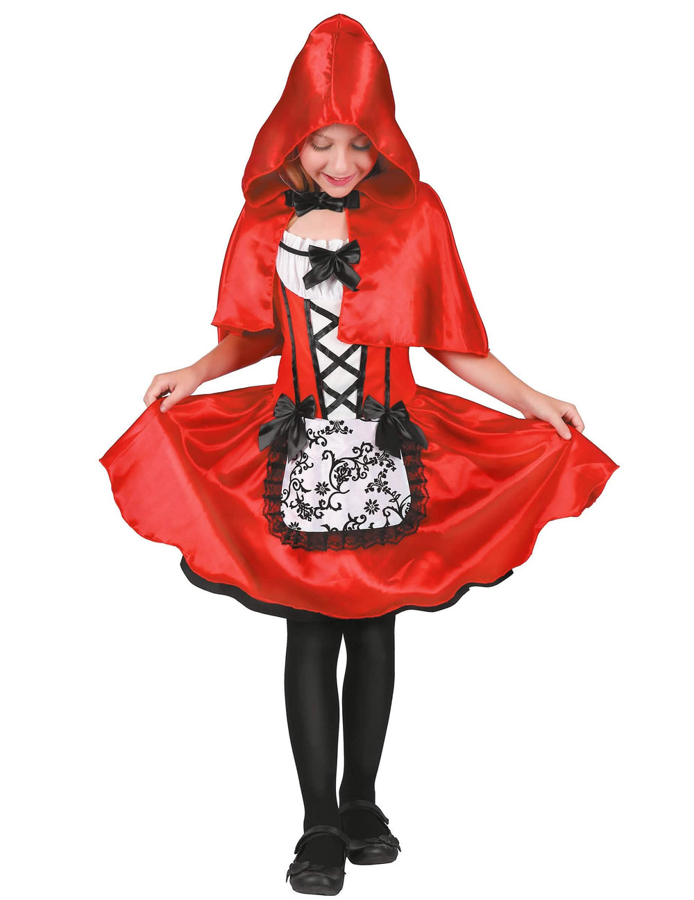 Disfraz de caperucita roja para niña rojo y negro con capa con capucha