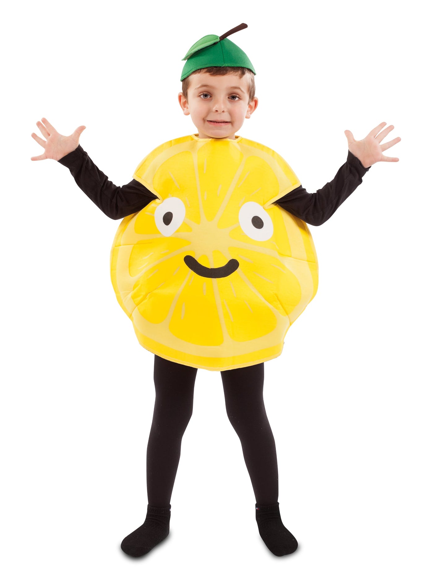 Déguisement petit citron pour enfant jaune avec chapeau feuille verte