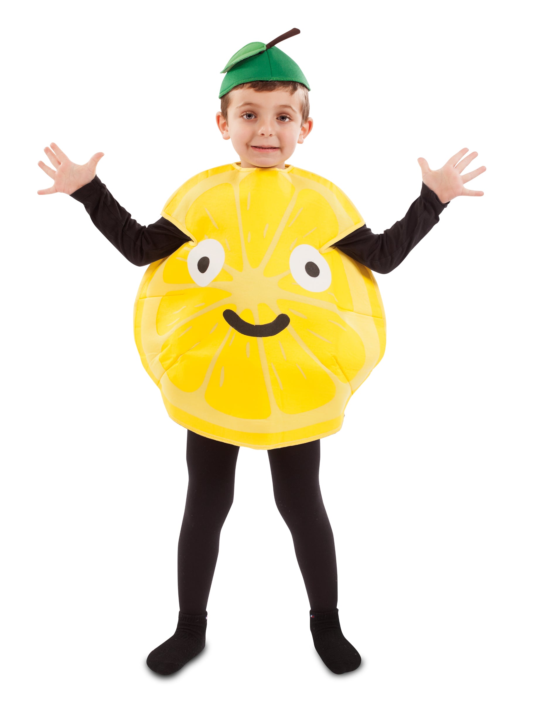 Déguisement petit citron pour enfant jaune avec chapeau feuille verte