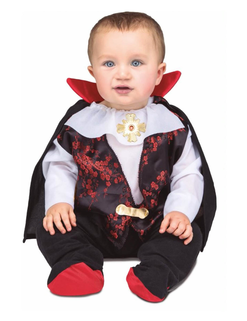 Disfraz pequeño de drácula para bebé negro y rojo con capa y medallón dorado