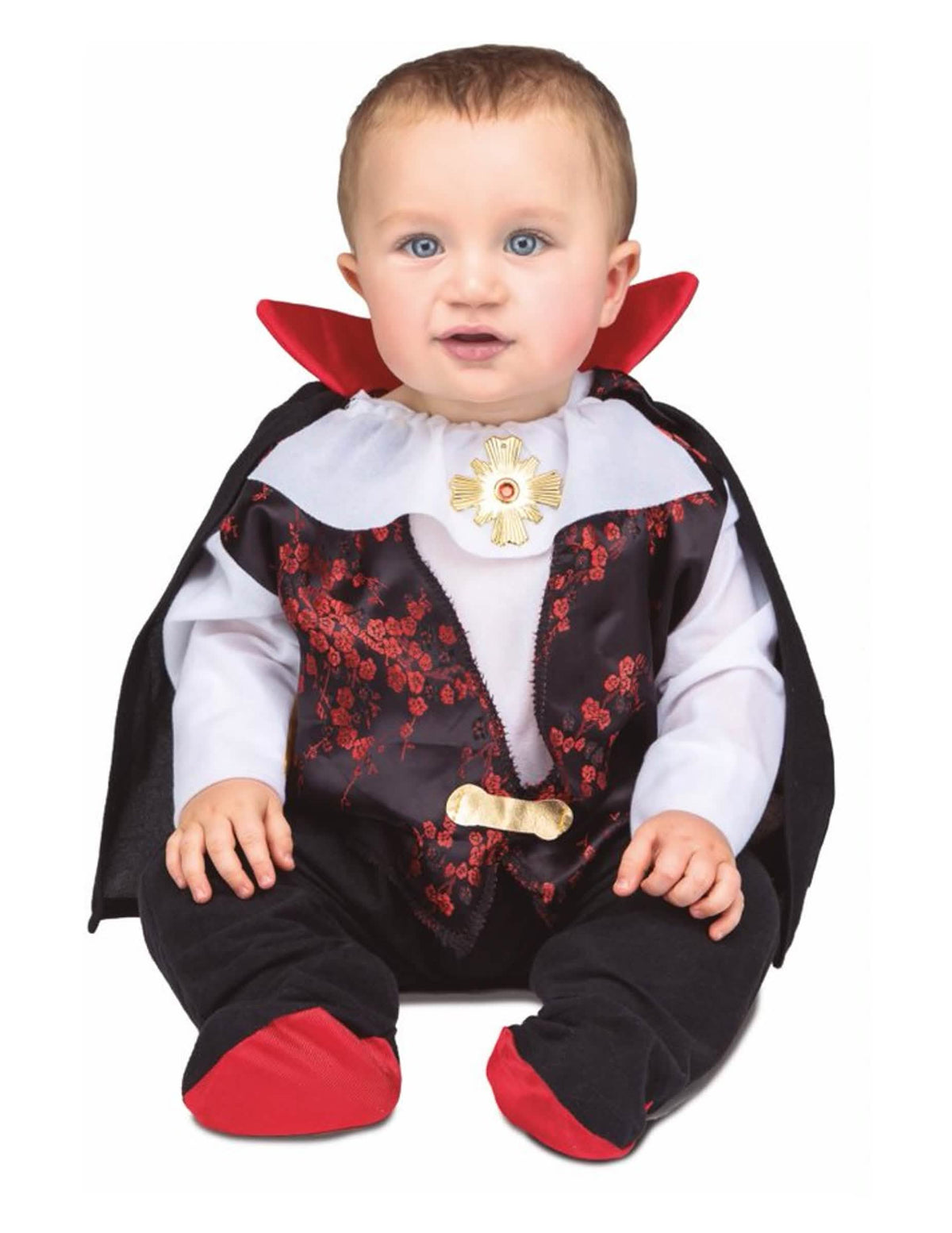 Disfraz pequeño de drácula para bebé negro y rojo con capa y medallón dorado