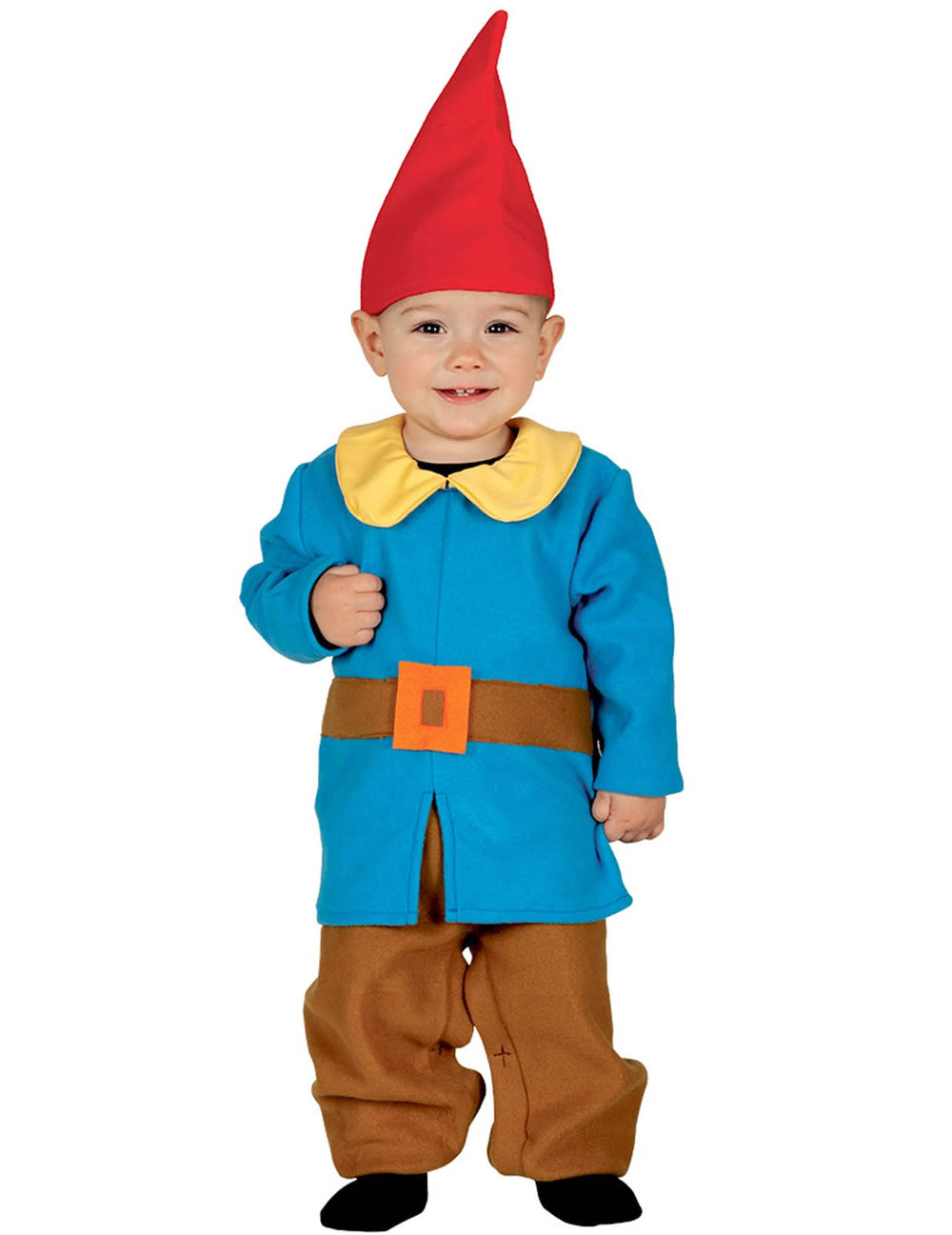 Disfraz de pequeño gnomo para bebé azul con gorro rojo y pantalón marrón