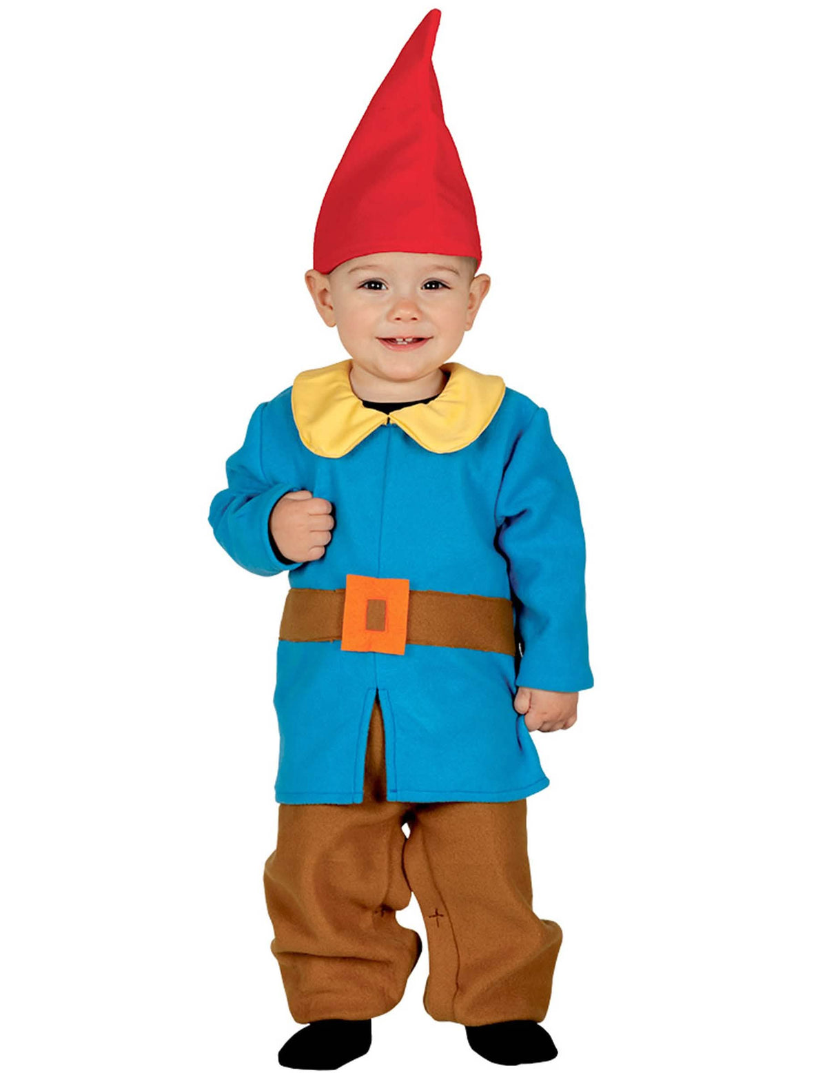 Disfraz de pequeño gnomo para bebé azul con gorro rojo y pantalón marrón