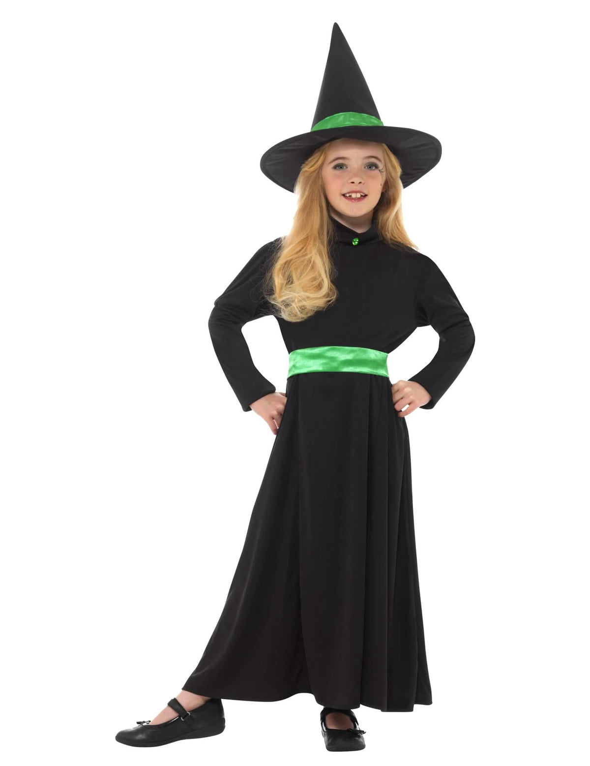 Déguisement petite sorcière pour fille noir et vert avec chapeau