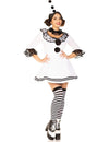 Déguisement de pierrot sexy pour femme blanc et noir avec pompons et dentelle