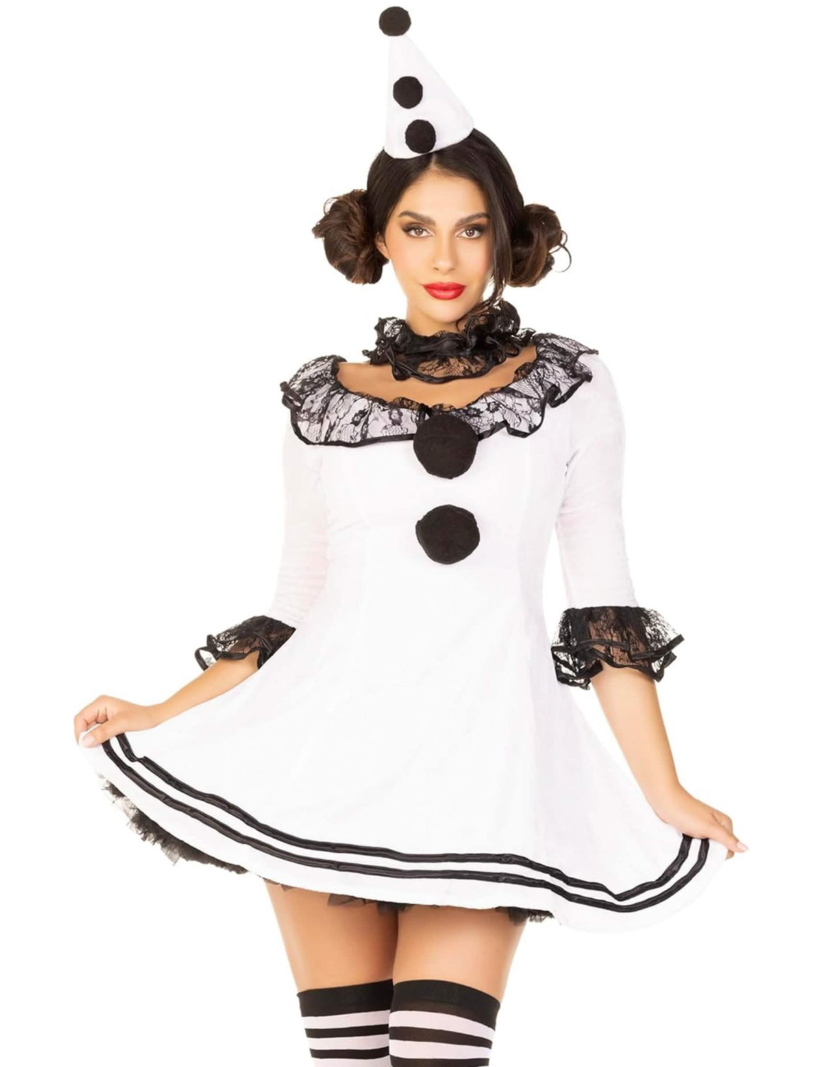 Vista frontal del disfraz de pierrot sexy para mujer