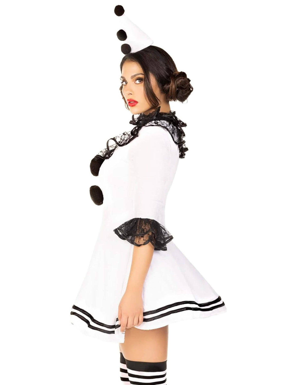 Vista de perfil del disfraz de pierrot sexy para mujer