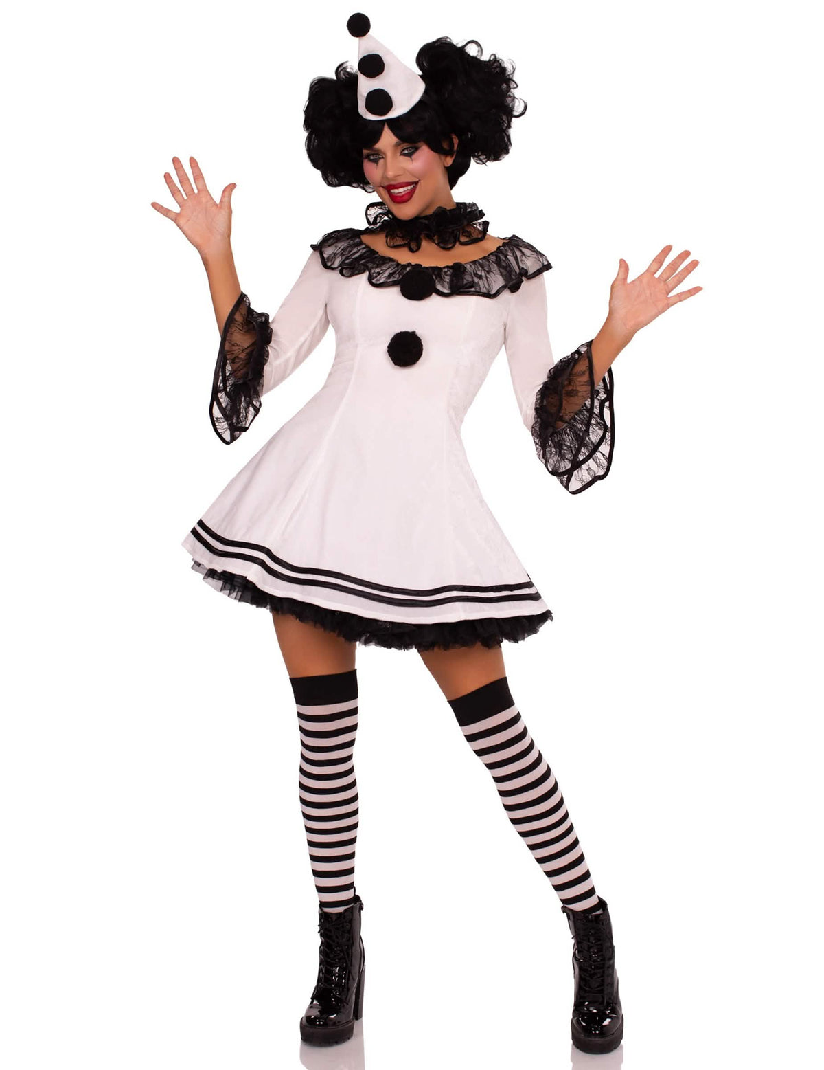 Vista de cuerpo entero del disfraz de pierrot sexy para mujer
