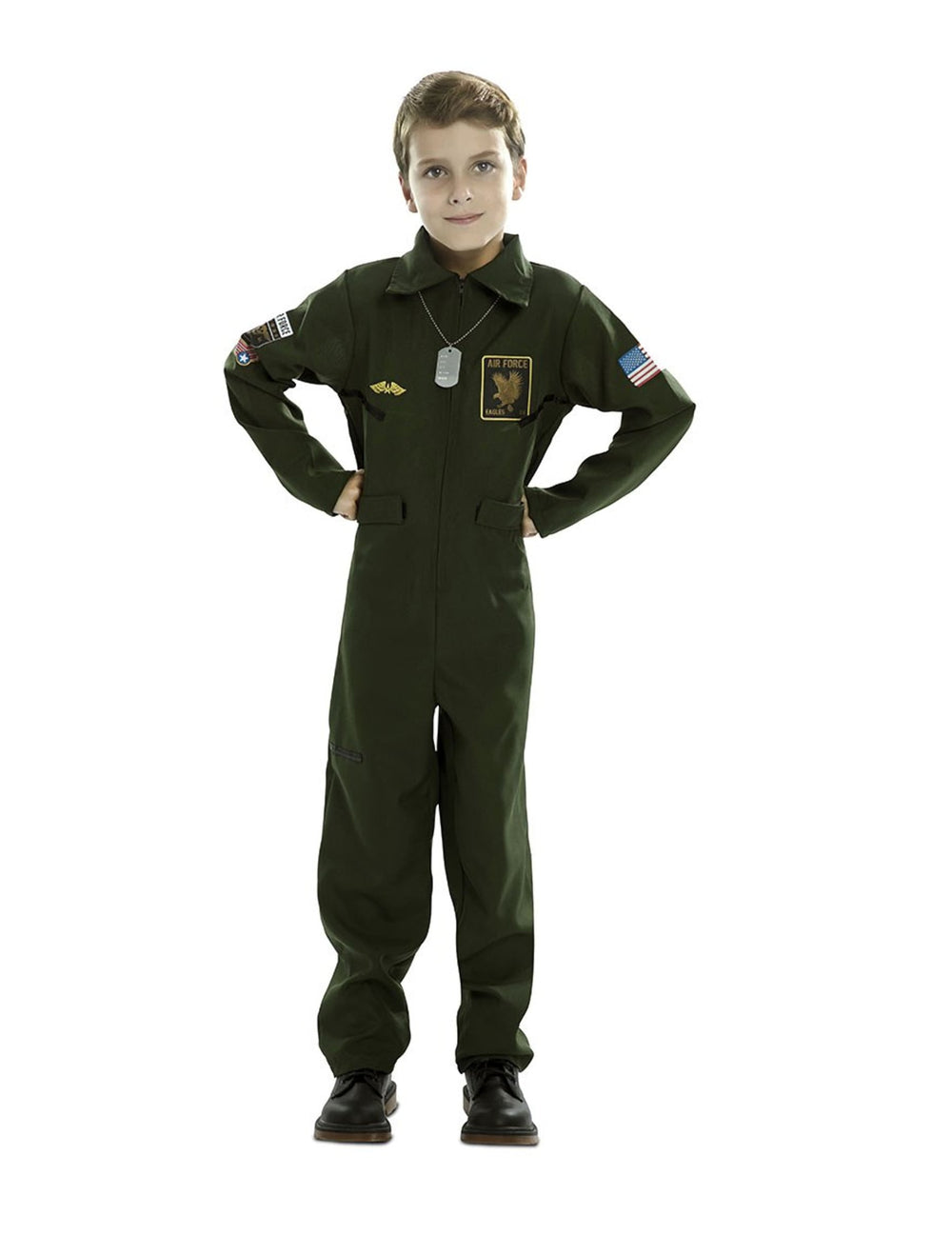 Déguisement de pilote d'avion de chasse pour enfant vert kaki avec écussons
