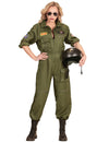 Déguisement de pilote de combat pour femme vert kaki avec écussons et casque