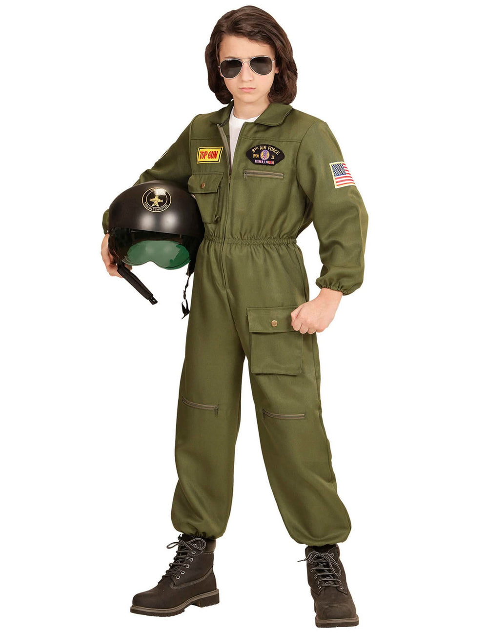 Disfraz de piloto de combate para niño verde caqui con casco y gafas