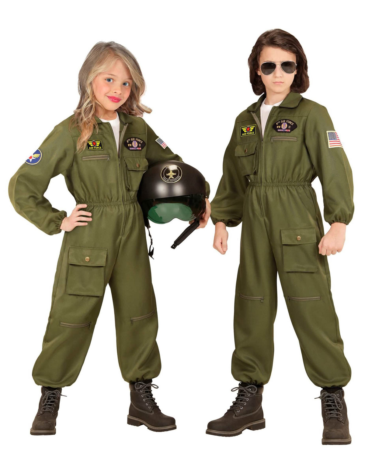 Vista general con dos modelos del disfraz de piloto de combate para niño