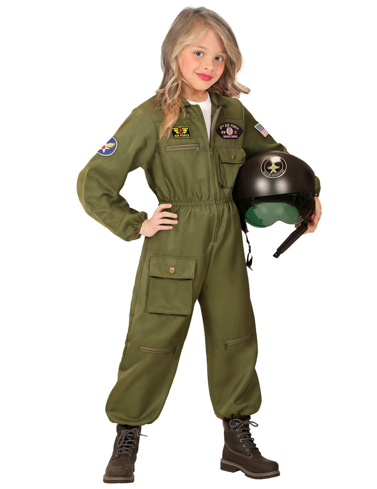 Vista general con casco en la mano del disfraz de piloto de combate para niño