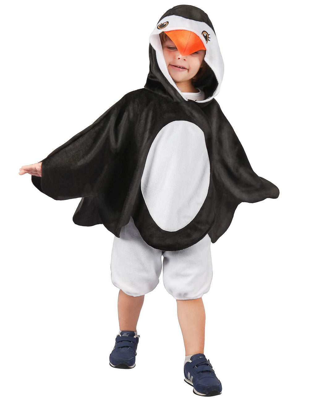 Disfraz de pingüino para niño blanco y negro con capucha de pico naranja