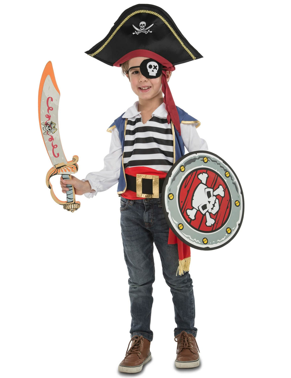 Disfraz de pirata para niño azul y rojo con sombrero, sable y escudo