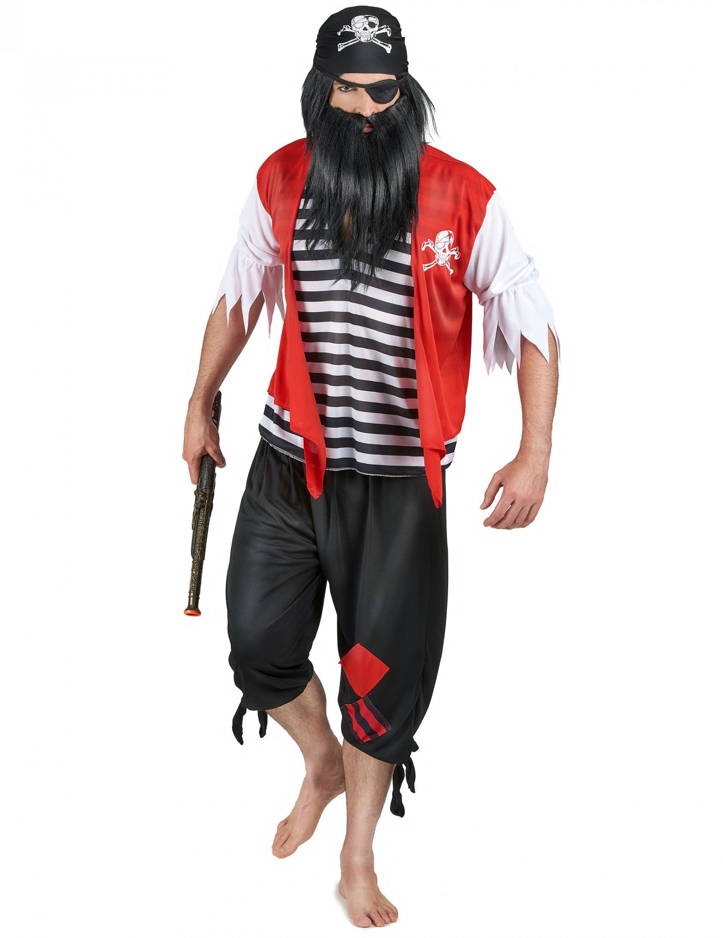 Déguisement de pirate avec cache-œil pour homme rouge noir et blanc avec bandana