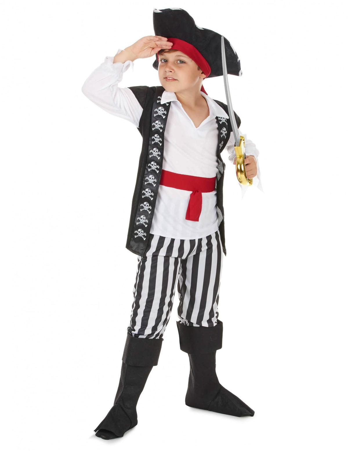 Vista general con sombrero y espada del disfraz de pirata para niño con rayas negras y blancas