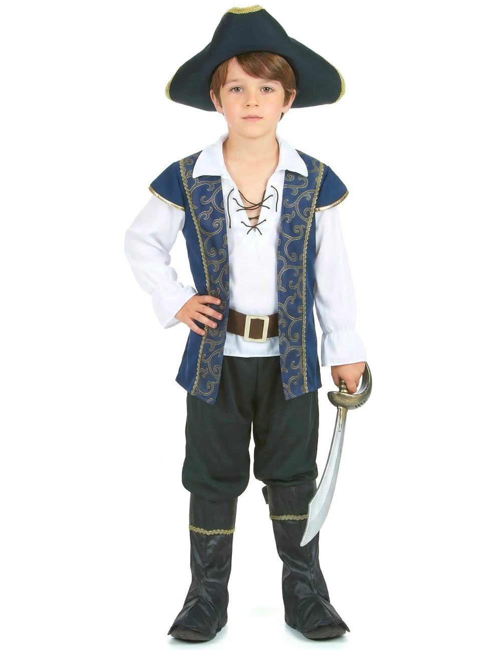 Disfraz de pirata para niño azul y blanco con tricorne y sable