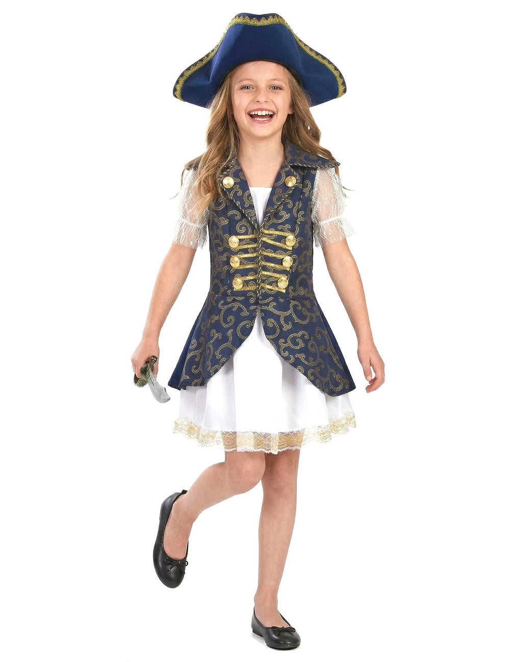 Disfraz de pirata para niña azul oscuro con sombrero y dorados