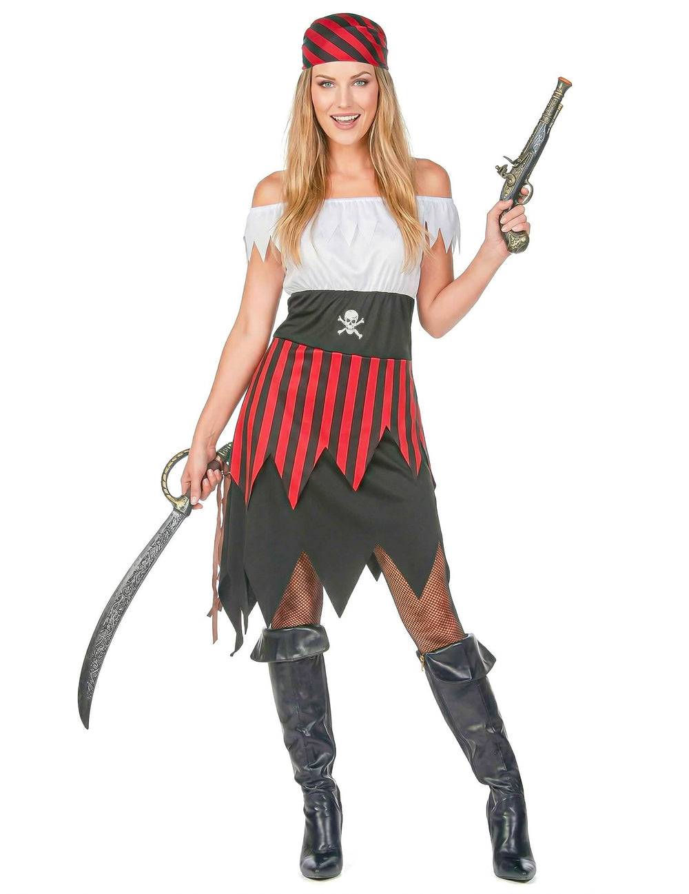 Disfraz de pirata dentado para mujer rojo, blanco y negro con bandana y parche en el ojo