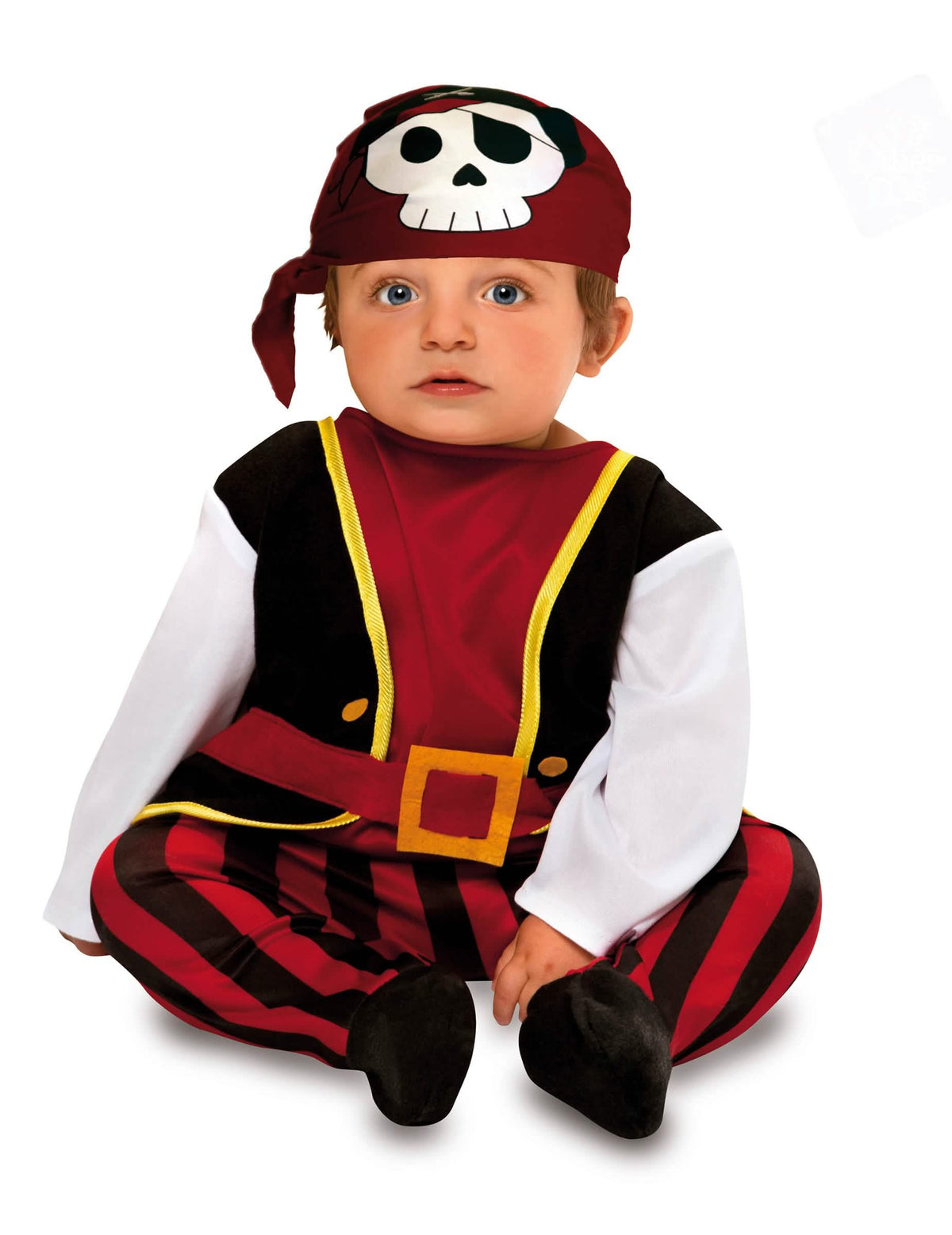 Disfraz de pirata de los mares para bebé rojo y negro con bandana de calavera
