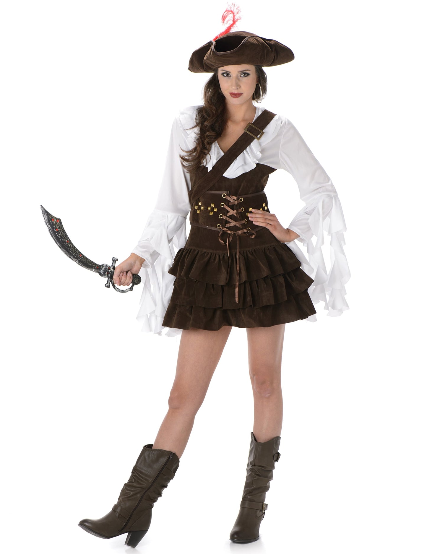 Déguisement de pirate effet peau de chamois pour femme marron et blanc avec chapeau