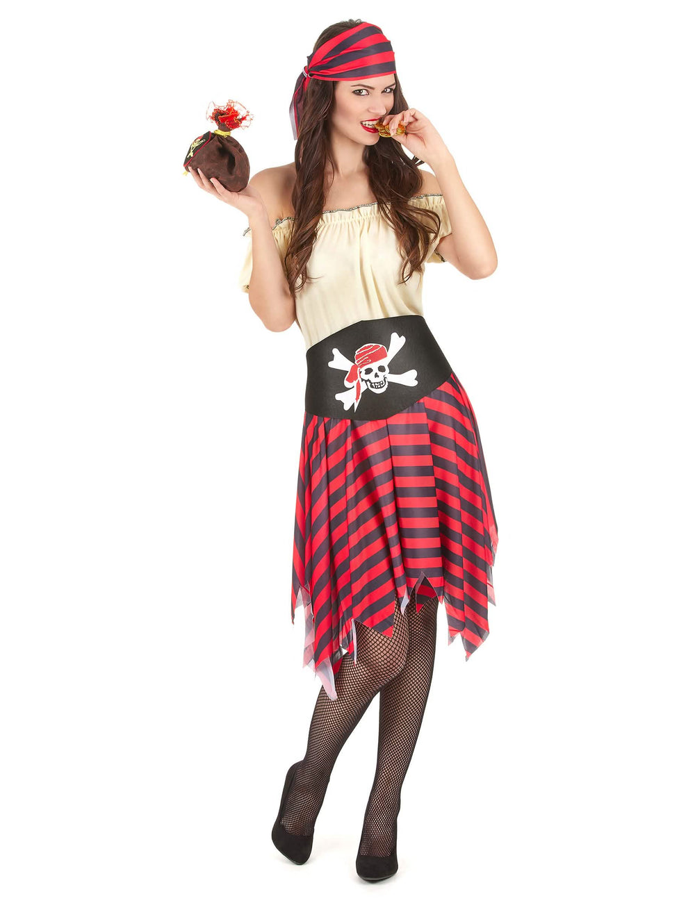 Disfraz de pirata con cabeza de muerto para mujer rojo y negro a rayas