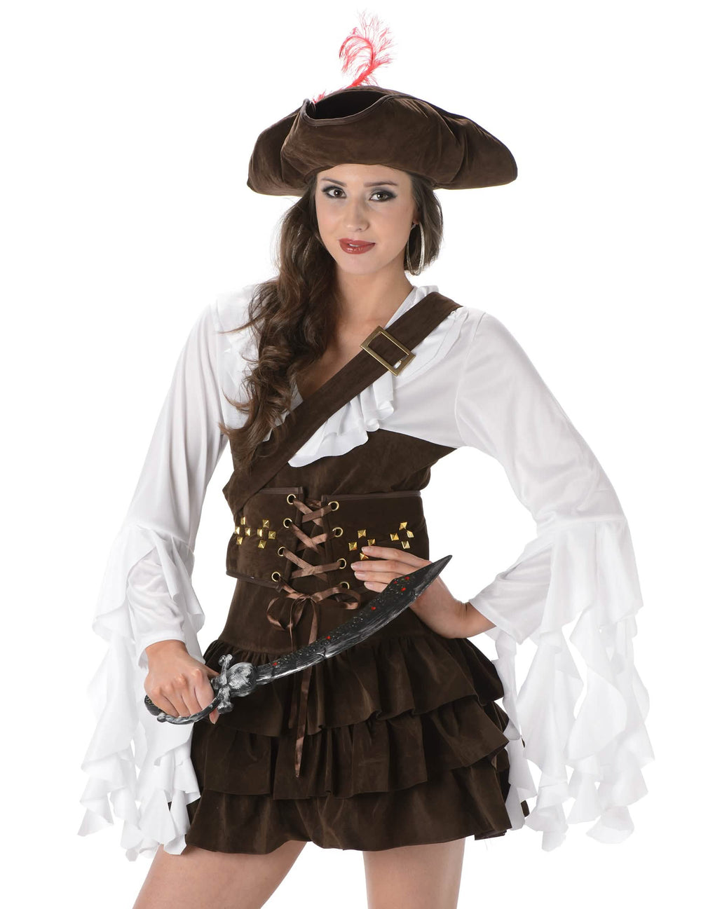 Primer plano del busto y del sombrero del disfraz de pirata efecto piel de gamuza