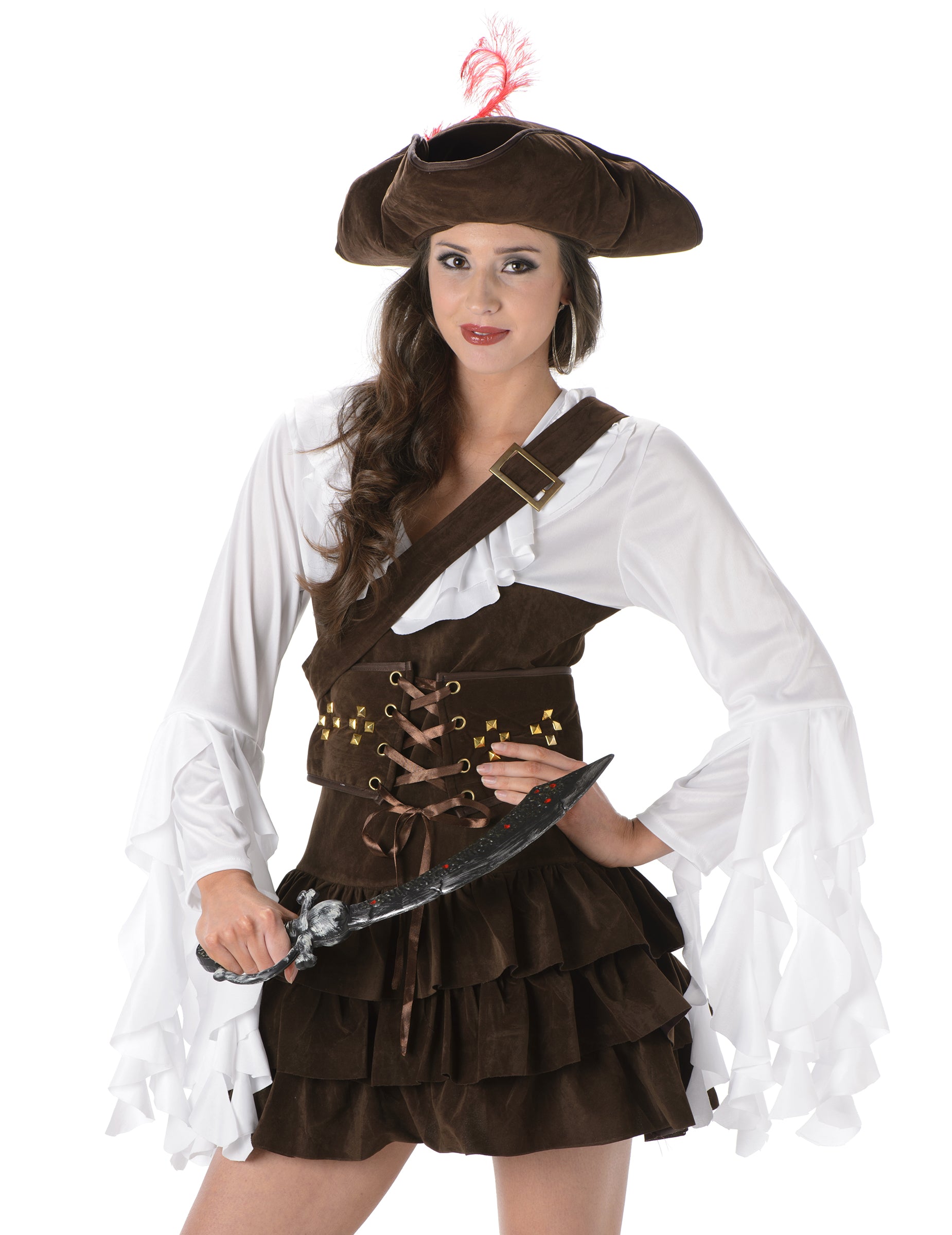 Vue rapprochée du buste et du chapeau du déguisement de pirate effet peau de chamois
