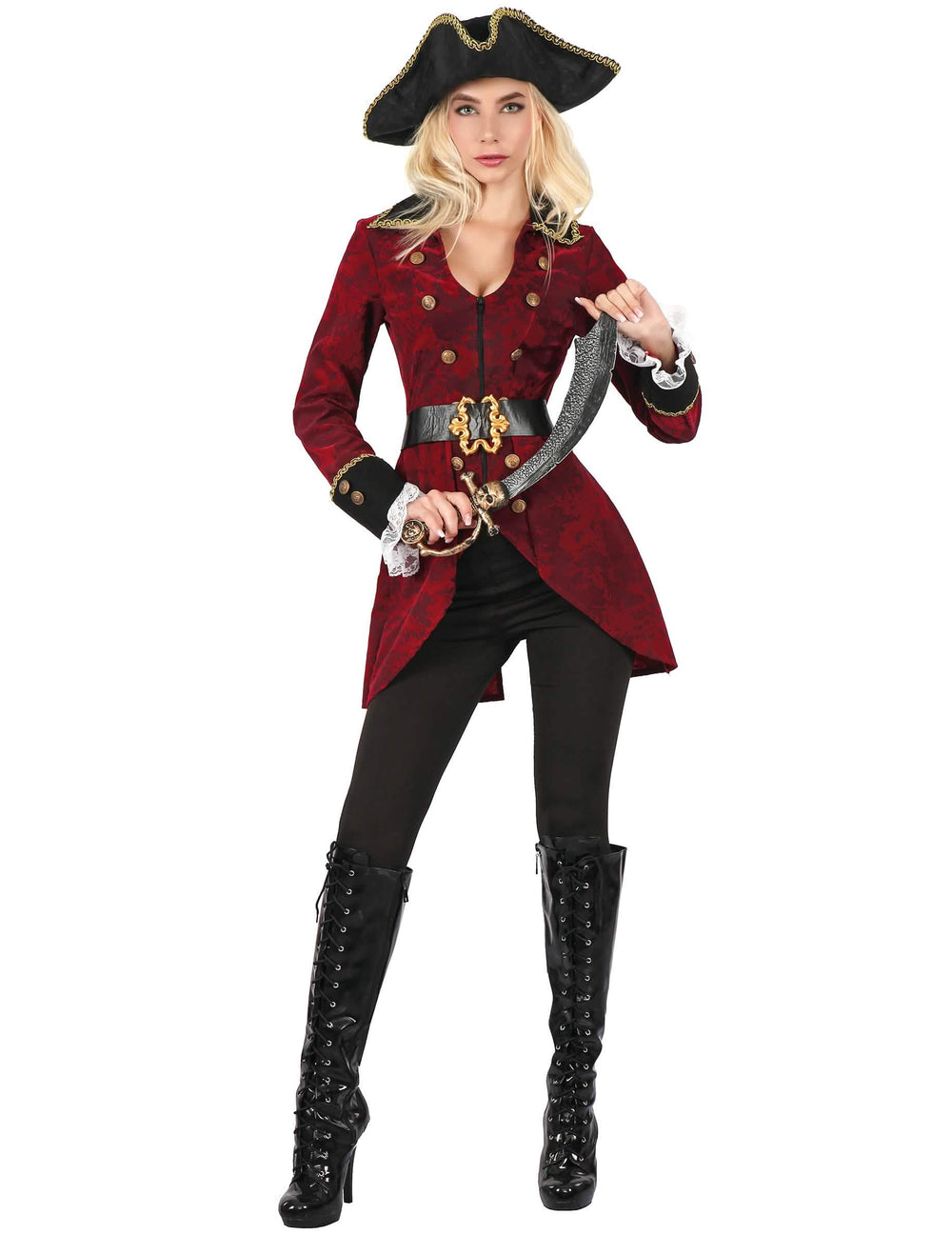 Disfraz de pirata para mujer rojo y negro con sombrero