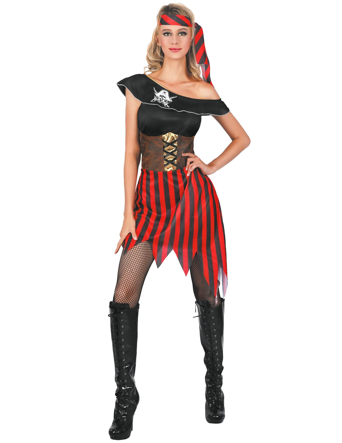 Disfraz de pirata para mujer negro y rojo a rayas con bandana