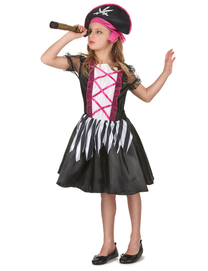 Vue de profil avec accessoire longue-vue du déguisement de pirate pour fille