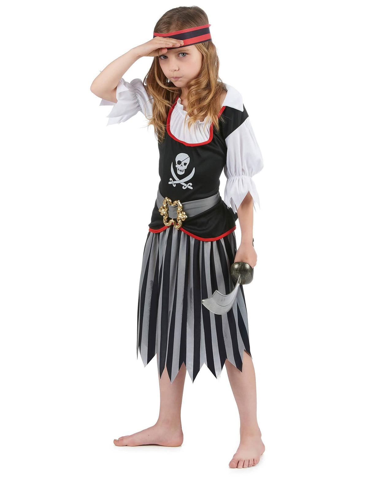Vista de perfil del disfraz pirata con motivo de calavera para niña