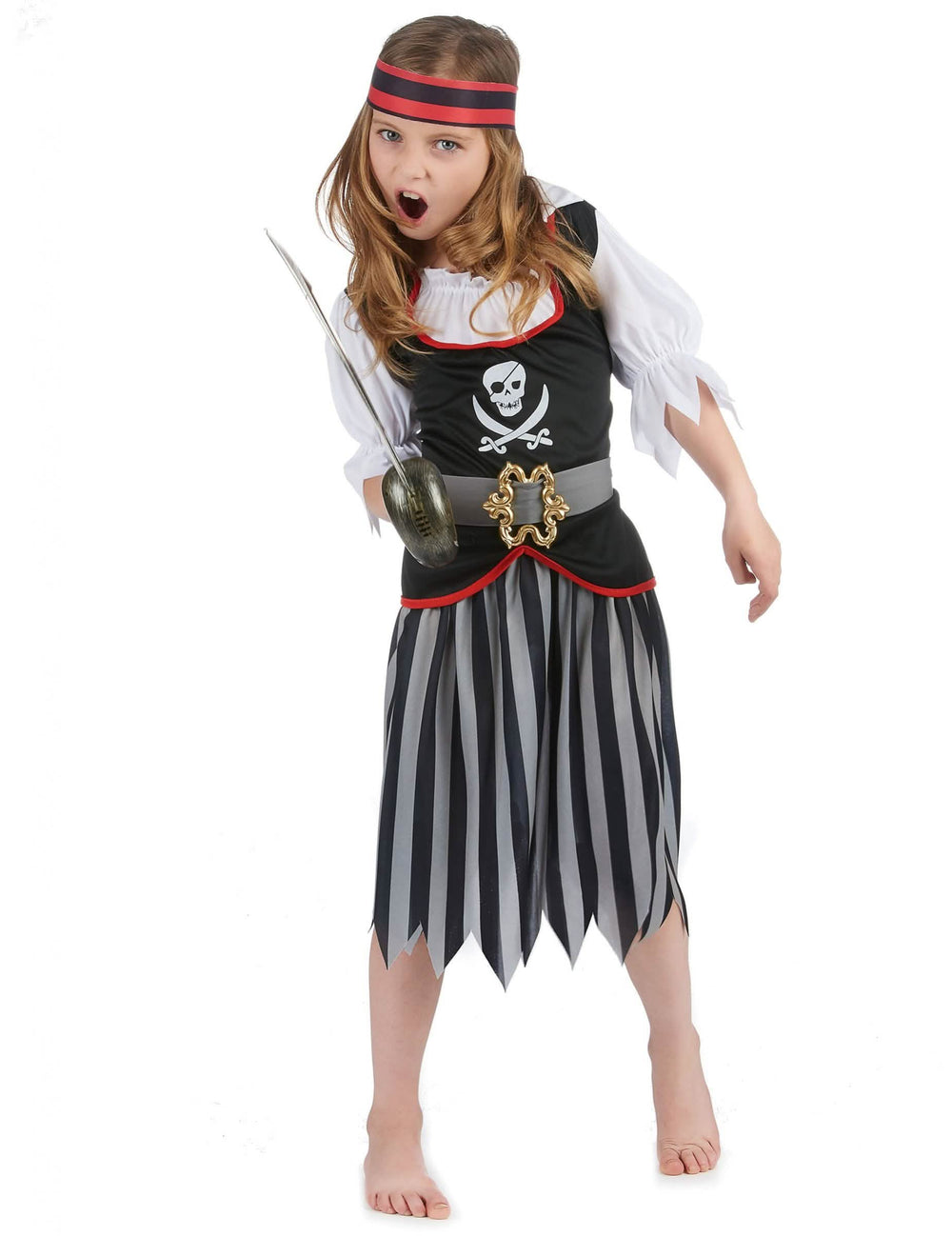 Disfraz de pirata con motivo de calavera para niña negro y gris con banda roja