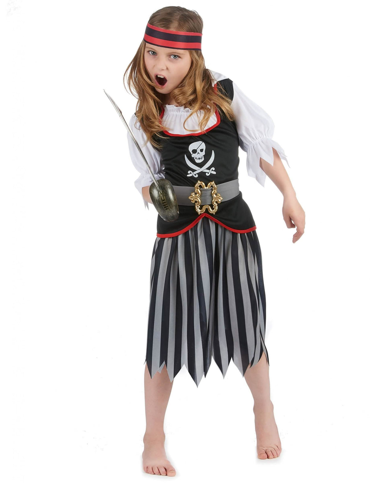 Disfraz de pirata con motivo de calavera para niña negro y gris con banda roja