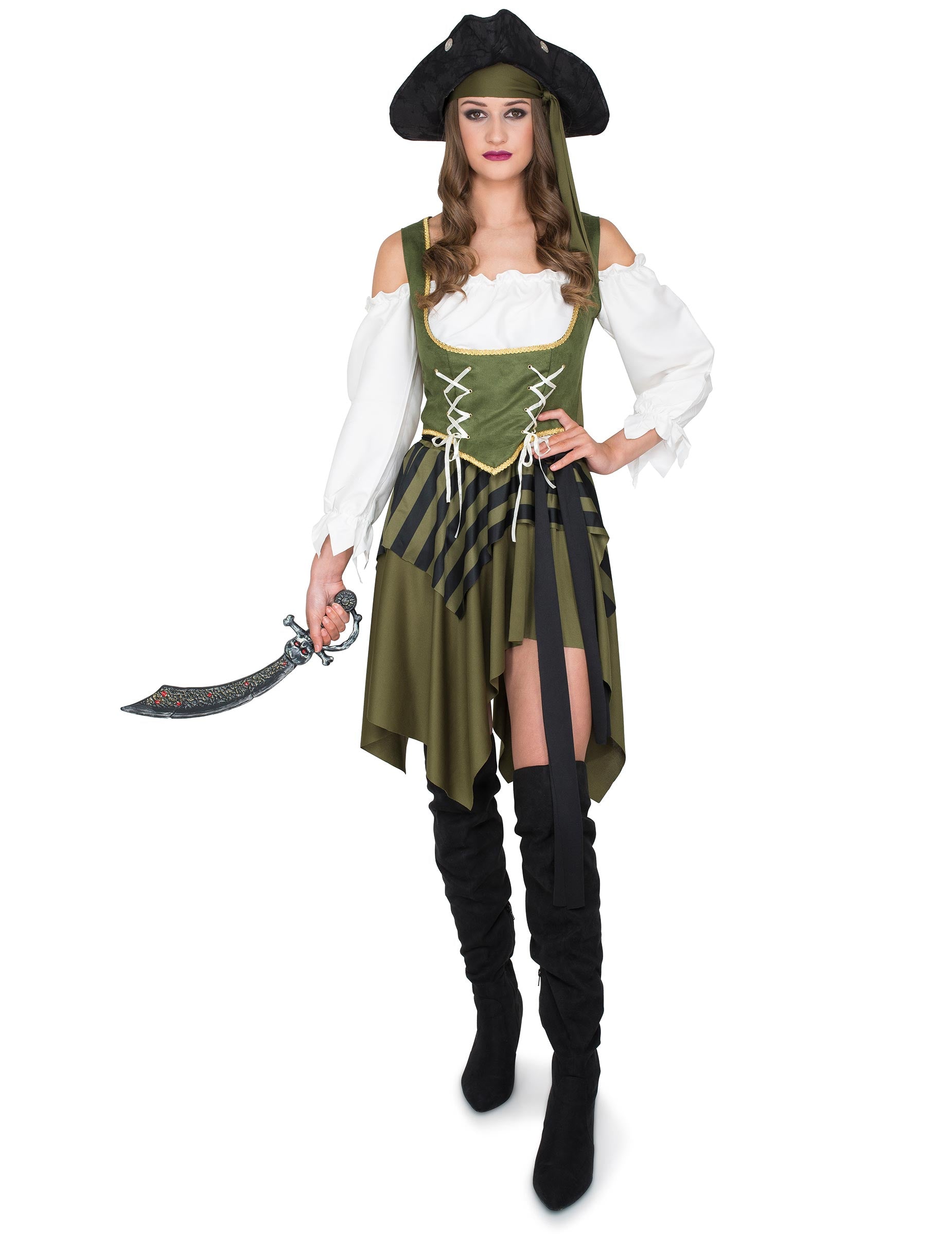 Vue de face du déguisement de pirate flibustière pour femme