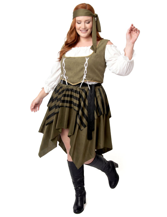 Disfraz de pirata bucanero verde en talla grande para mujer