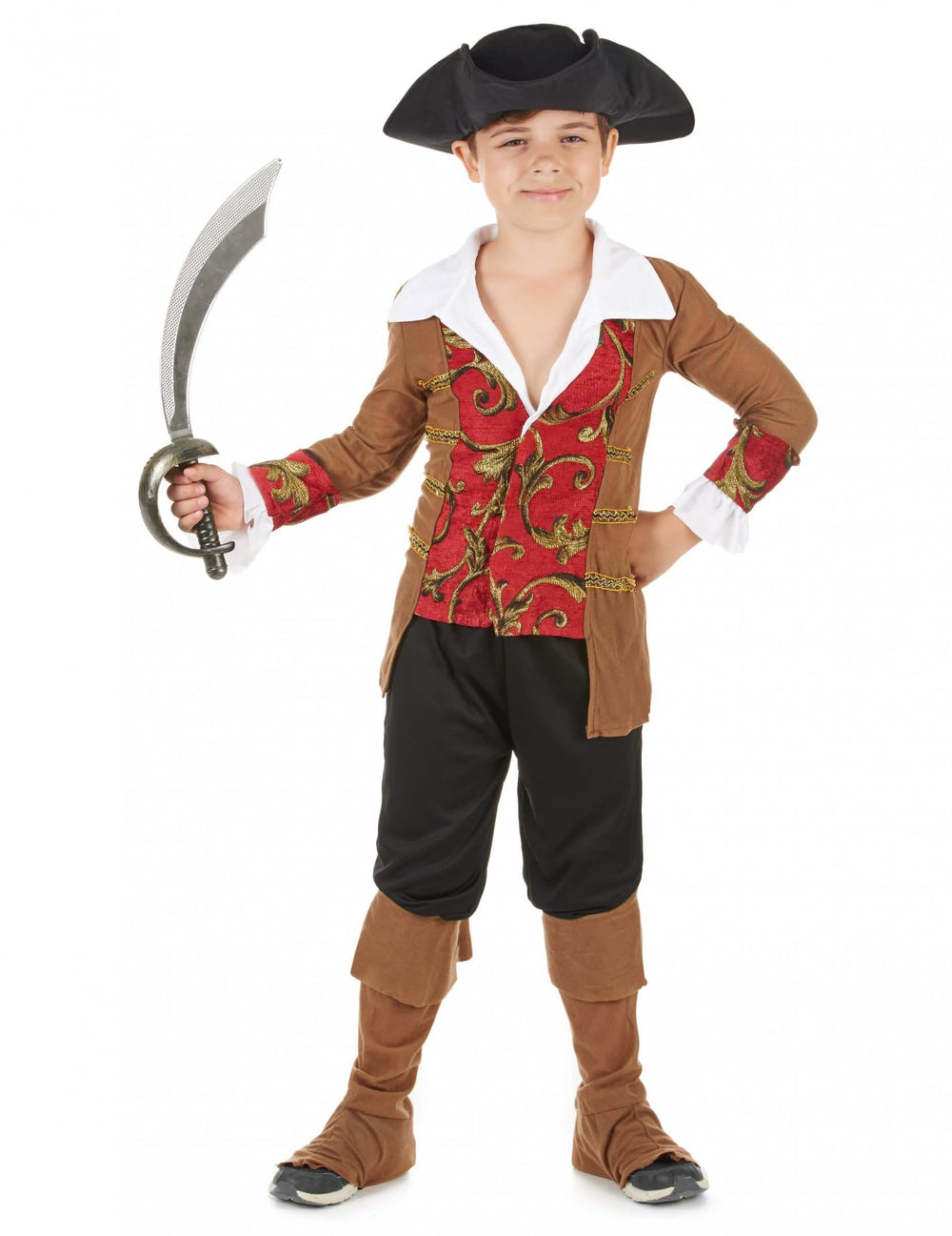 Disfraz de pirata para niño marrón y negro con chaleco rojo y sombrero