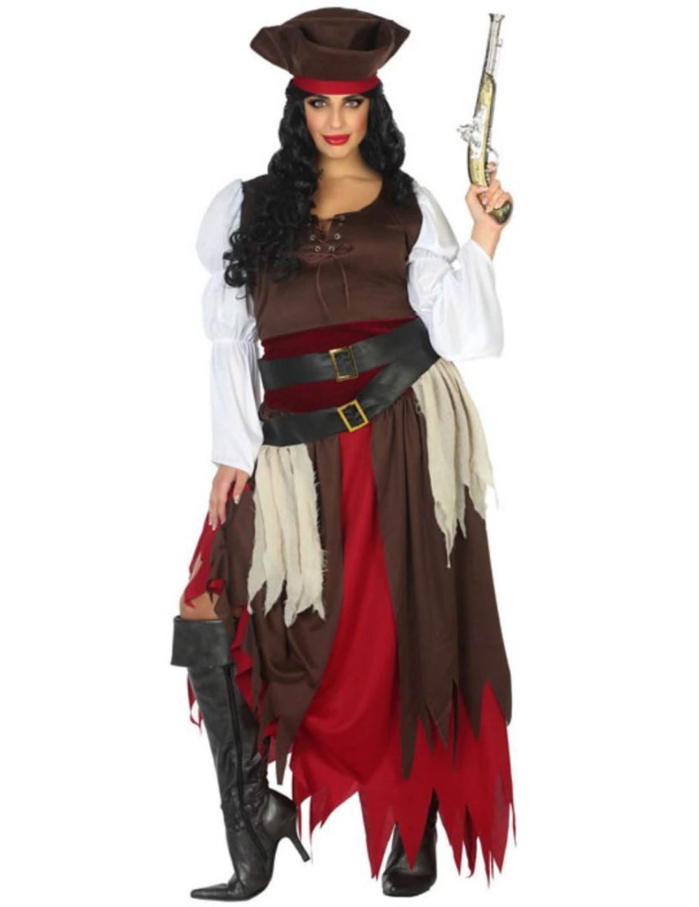 Disfraz de pirata para mujer marrón y rojo con sombrero