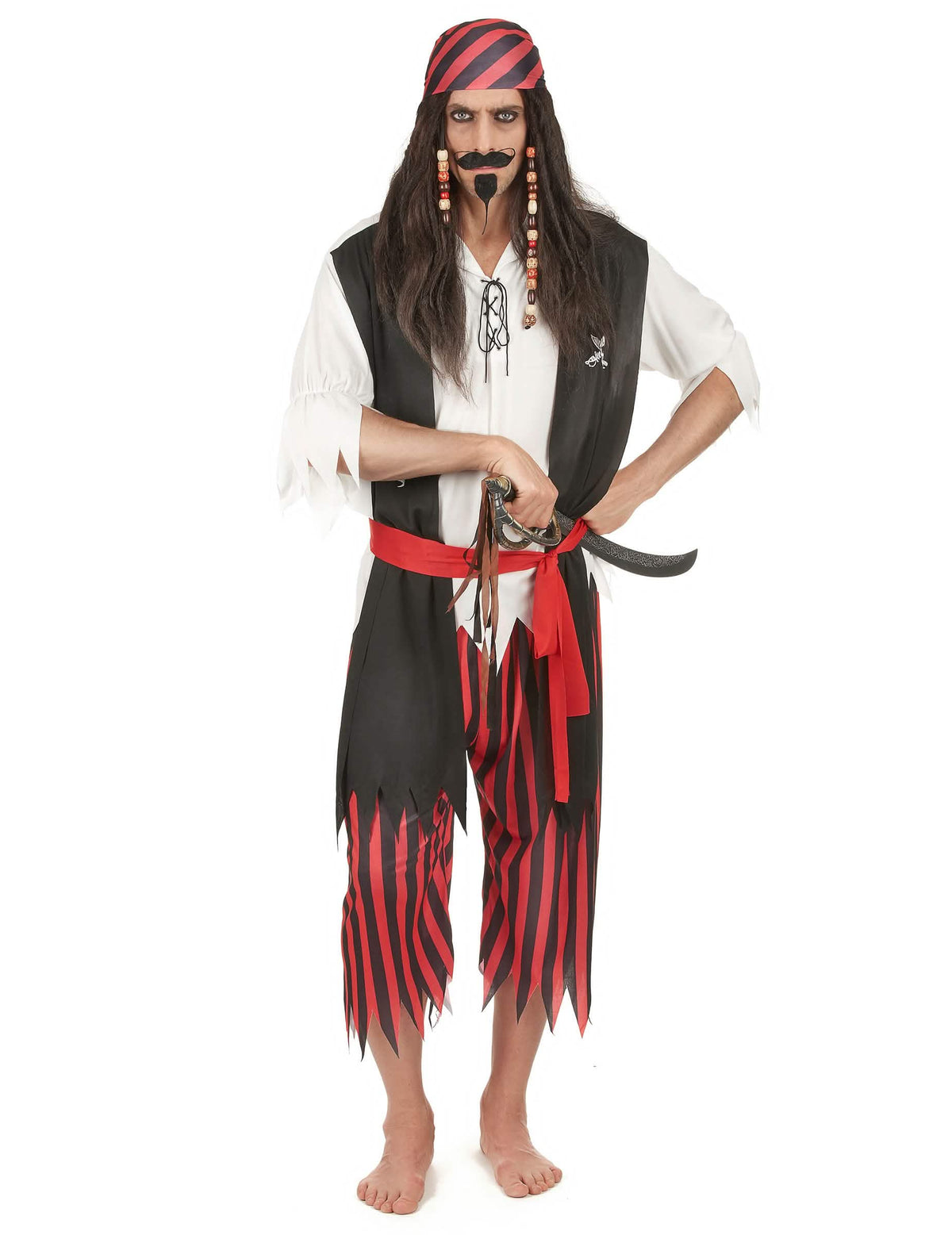 Déguisement pirate corsaire pour homme noir et rouge avec bandana