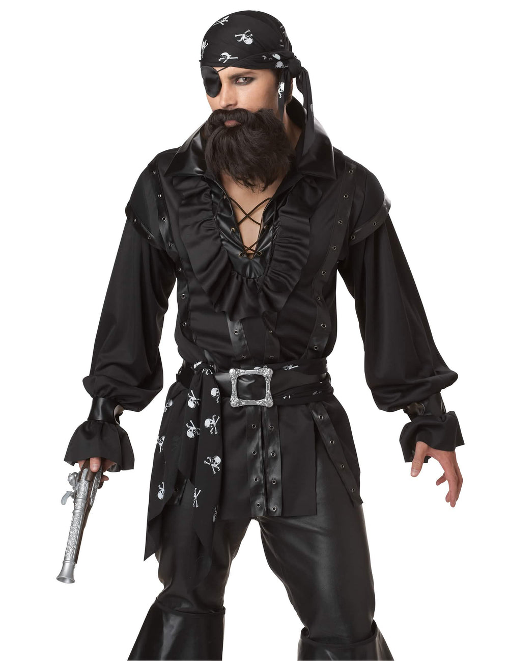 Detalle del busto y de los accesorios del disfraz de pirata para hombre negro