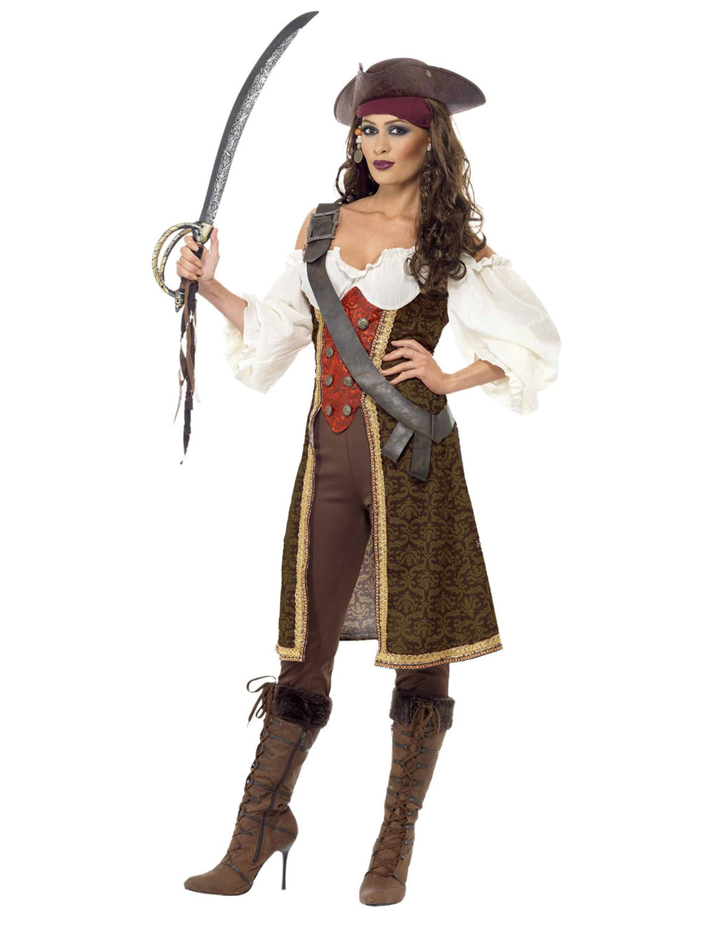 Sabre tenu à la main du déguisement de pirate pour femme