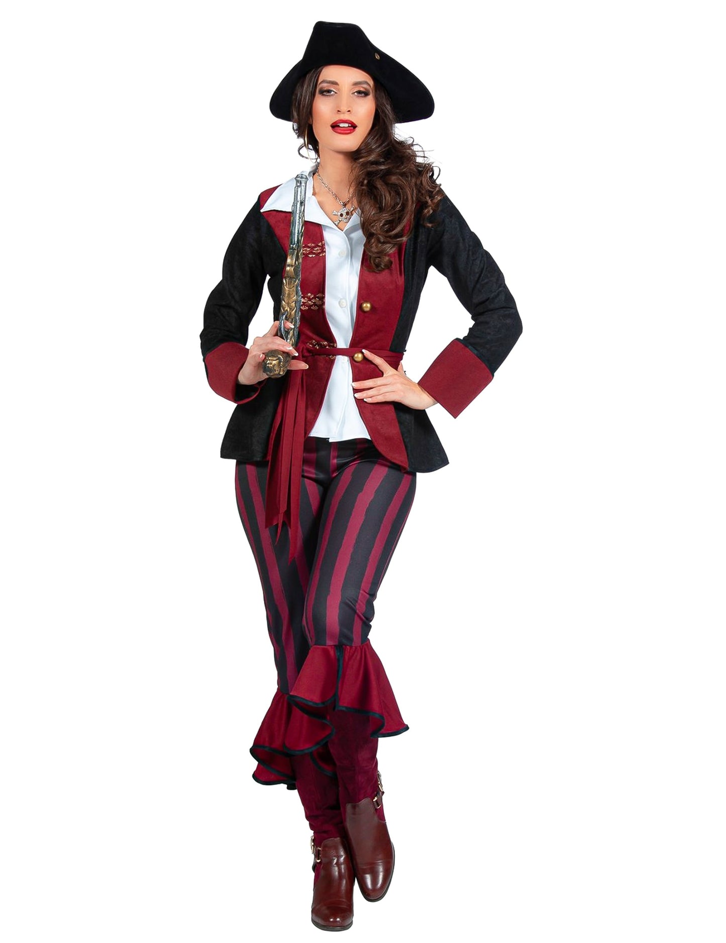 Disfraz de pirata negro y burdeos de lujo para mujer