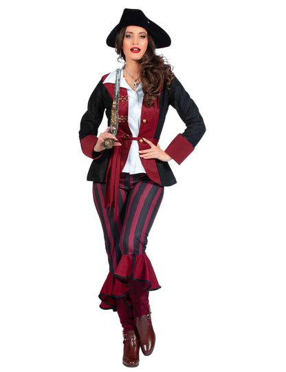 Disfraz de pirata negro y burdeos de lujo para mujer